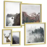 Tulup BILDER SET 5er Set - 50x50 cm & 20x30 cm & 40x60 cm Goldrahmen - Berglandschaft Nebel Hirsch