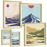 Tulup BILDER SET 5er Set - 50x50 cm & 20x30 cm & 40x60 cm Goldrahmen - Farbenfrohe abstrakte Flussberge