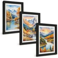 Tulup BILDER SET 3er Set - 20x30 cm Schwarzer Rahmen - Berglandschaft, Fluss, Herbst
