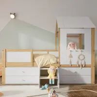 Fortuna Lai Kinderbett 90x200cm mit Leiter und 4 Schubladen, Hochbett mit Rausfallschutz und Lattenrost, Hausbett Kinderhaus Jugendbett Kieferholzbett, Weiß