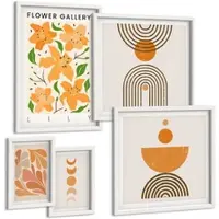 Tulup BILDER SET 5er Set - 50x50 cm & 20x30 cm & 40x60 cm Weißer Rahmen - Abstrakte orange Formen