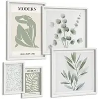 Tulup BILDER SET 5er Set - 50x50 cm & 20x30 cm & 40x60 cm Weißer Rahmen - Matisse entwirft Boho-Pflanzen