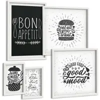 Tulup BILDER SET 5er Set - 50x50 cm & 20x30 cm & 40x60 cm Weißer Rahmen - Grafiken, Lebensmittel, kulinarische Slogans