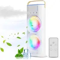 Aibecy Klimaanlage Dual-Kopf-Sprühventilator mit Luftbefeuchter, 180° neigbar, 90° schwenkbar, 3 Geschwindigkeiten, farbiges Stimmungslicht, Fernbedienung