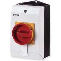 Eaton 207147 Hauptschalter, T0, 20 A, Aufbau, 2 Baueinheit(en), 3-polig, NOT-AUS-Funktion, mit rotem Drehgriff und gelbem Sperrkranz, abschließbar