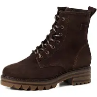 Tamaris Schnürstiefelette , Damen, Gr. 42, Textil, mokka, Veloursleder, unifarben mit Farbeinsatz, used, Schuhe Schnürstiefelette, Blockabsatz, Schnürboots mit zusätzlichem Innenreißverschluss