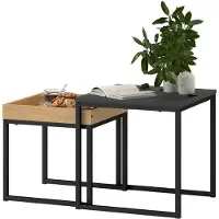 HOMCOM 2er-Set Couchtisch, Eckiger Beistelltisch, Kaffeetisch mit Stahlgestell