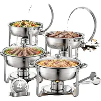Vevor Chafing Dish Buffet Speisenwärmer mit 4 Behältern in voller Größe (4,7 L pro), runder Catering-Wärmespender mit Glasdeckel & Wasserpfanne & klappbarer Ständer, für Hochzeiten Buffet Silber
