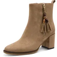 Marco Tozzi Stiefelette , Damen, Gr. 38, Textil, beige, Veloursleder, unifarben, used, Schuhe Stiefelette, Cowboy-Boots, Ankle Boots mit Kordel-Schmuckelement