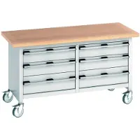 Bott Kastenwerkbank cubio, 6 Schubladen, 4 feststellabre Rollen, Buche-Multiplexplatte, B 1500 x T 750 x H 840 mm, lichtgrau/lichtgrau