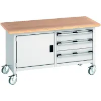Bott Kastenwerkbank Cubio, 4 Lenkrollen, 3 Schubladen, 1 Tür, 40 mm Buche-Multiplexplatte, B 1500 x T 750 x H 840 mm, lichtgrau/lichtgrau