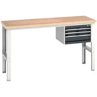 Bott Werkbank cubio, manuell höhenverstellbar, Buche-Multiplexplatte, B 2000 x H 740-1140 mm, Tragkraft 600 kg, 3 Schubladen, anthrazit/lichtgrau RAL 7035