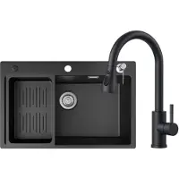 CECIPA MAX Granitspüle schwarz 70x45cm Set mit Küchenarmatur ausziehbar, Kratzfest & Geräuschdämmend, , SMC Küchenspüle, Einbauspüle & Abflussgarnitur