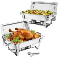 Vevor rechteckiger Chafing Dish Set 8,5 L Speisenwärmer (2 Stk.) Buffet Warmhaltebehälter mit Griff & 1 Lebensmittelzange & Deckel & Brennstoffhalter, geeignet für Bankett Party Hochzeit Silber