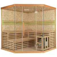 HOME DELUXE - Traditionelle Sauna - Skyline XL Big Kunststeinwand - 200 x 200 x 210 cm, für 2-6 Personen, Hemlocktanne, inkl. Saunazubehör I Dampfsauna Aufgusssauna Finnische Sauna Sauna