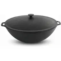 Brizoll Gusseisen Wok 36 cm mit Gusseisendeckel Kazan 8 L flacher Boden – Kessel für alle Herdarten, Induktion, Gas & Elektro – großer Asia Wok für Plov, Fleisch, Gemüse & Eintöpfe