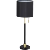 Relaxdays Tischlampe mit Zugschalter, elegante Nachttischlampe mit Stoffschirm, E27 Fassung, HD 69 x 24 cm, schwarz-gold