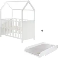 Roba Hausbett 60 x 120 cm inkl. passender Wickelplatte zum Aufsetzen, Baby- & Beistellbett in Hausoptik, weiß, 6-fach verstellbar