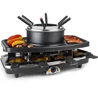 Klarstein 3-in-1 Raclette Fondue Kombi und Grill, 1100W Raclette-Fondue-Set mit Steinplatte, Elektrischer Fondue Raclette Grill für 8 Personen mit 8 Pfännchen & Fonduegabeln, Raclette-Gerät Elektrisch