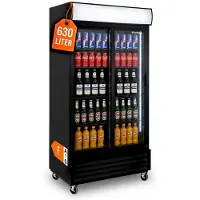 GastroHero Getränkekühlschrank ECO 630 mit Leuchtaufsatz, Schiebetüren, schwarz, LED-Innenbeleuchtung, energiesparend, 8 höhenverstellbare Roste
