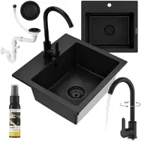 Granitan - Granitspüle Schwarz - Spülbecken 45x42 cm - Küchenspüle ab 50er Unterschrank - mit Armatur PRESTIGE und Siphon - TEOR