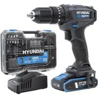 Hyundai Akku-Schlagbohrschrauber 20V, 50 Nm – Set inkl. Akku, Ladegerät & 75-teiligem Zubehör – mit Metallgetriebe & 13 mm Bohrfutter – sofort einsatzbereit für Holz, Metall & Beton