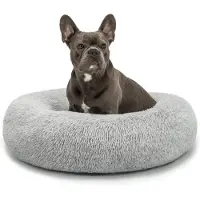 Lionto Donut Hundebett, rundes Hundesofa mit Plüschbezug & Anti-Rutsch-Noppen, weich & gemütlich, 70 cm Durchmesser, hellgrau