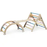 Buxibo XXL Klettergerüst - Klappbares Dreieck + Kletterbogen + Rutsche - Montessori Holzspielplatz - Pastell - 210x83x81cm