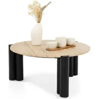 Idimex TAPTI Couchtisch mit Tischplatte aus Travertin 80 cm, Beige/Schwarz - Runder Wohnzimmertisch aus massivem Mangoholz, Coffee Table, Beistelltisch mit Marmor Optik, moderner Clubtisch