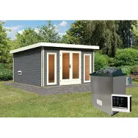 Karibu Holz Gartensauna / Saunahaus "Mainburg 3" terragrau 369 x 369 x 229 cm (B x T x H), 3 Bänke mit Ofen 9 kW + Steuergerät Easy Finnisch mit Klarglastür
