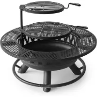 Relaxdays Feuerschale, Ø 92 cm, 2 verstellbare Grillroste, Deckel, Schürhaken & Abdeckung, Feuerstelle Garten, schwarz