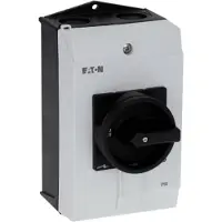 Eaton 199912 Hauptschalter, P1, 40 A, Aufbau, 3-polig, HALT-Funktion, mit schwarzem Drehgriff und Sperrkranz, abschließbar in 0-Stellung