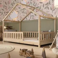 Crazy Pine Hausbett 190x100 cm – Kinderbett aus Naturholz – Bodenbett mit Höhenverstellbaren Beinen und Abnehmbarer Barriere - Crazy House