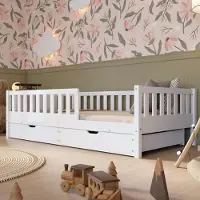 Crazy Pine Kinderbett mit Schublade 200x120cm – Massives Montessori Bodenbett aus Holz in Weiß mit Rausfallschutz – Crazy Basic