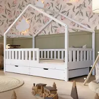 Crazy Pine Hausbett mit Schubladen 140x200 cm – Kinderbett aus Naturholz in Weiß – Bodenbett mit Stauraum und Abnehmbarer Barriere - Crazy House