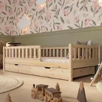 Crazy Pine Kinderbett mit Schublade 190x100cm – Massives Montessori Bodenbett aus Holz mit Rausfallschutz – Crazy Basic