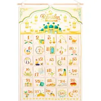 Merkloos Adventskalender, wiederverwendbar - Wandkalender mit 30 Fächern - Countdown für Ramadan - Dekoration für Eid - Weißgoldener Stoff - Inklusive Holzstab - Adventskalender