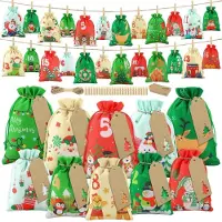 Sonstiges Adventskalender-Geschenktüten 24 Stück wiederverwendbar Stoff mit Kordelzug 2 Größen DIY Weihnachtsdeko