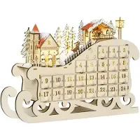 BundiGlassware Holz Adventskalender im Schlitten-Design mit 24 Schubladen und LED-Beleuchtung, Adventsdekoration für Innen, Weihnachtskalender für Weihnachtszeit und