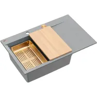 Quadron Granitspüle JOSH 111 GraniteQ Küchenspüle Einbeckenspüle 78x50x21,5 cm, Set Push-Open Siphon Platte Tropfschale, Silver Stone & Kupfer PVD