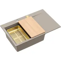 Quadron Granitspüle JOSH 111 GraniteQ Küchenspüle Einbeckenspüle 78x50x21,5 cm, Set Push-Open Siphon Platte Tropfschale, Soft Taupe & Gold PVD