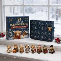 Traumheim Adventskalender mit 24 Highland-Cow-Figuren, 24 nummerierte Türchen für den täglichen Adventsmoment in der Geschenkbox
