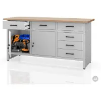 Jan Nowak Werkbank mit Arbeitsplatte Werktisch mit 6 Schubladen 2 Schließfächer Verstellbare Füße MDF-Arbeitsplatte Belastbar bis 500 kg 170x60x85 cm Grau