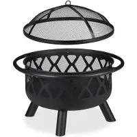 Relaxdays Feuerschale mit Funkenschutz, Garten & Terrasse, mit Schürhaken, Outdoor Feuerstelle, Stahl, Ø 75 cm, schwarz