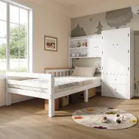 MODFU Kinderbett 90 x 200 Schrankbett mit Kleiderschrank,Jugendbett mit Stauraum,Multifunktionsbett mit Schubladen und Regalfächern, ohne Matratze, Weiß