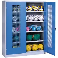 C+P Ballschrank mit Lochblech-Flügeltüren (Typ 3), HxBxT 195x150x50 cm, Ergo-Lock Muldengriff, Enzianblau (RAL 5010), Lichtgrau (RAL 7035), Gleichschließung