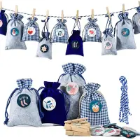 Sonstiges Adventskalender Stoffsäckchen zum Befüllen, Weihnachtskalender Filzsäckchen, 24 Groß Geschenksäckchen Kette, Blau Grau Stoffbeutel