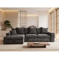 WFL GROUP Ecksofa mit Schlaffunktion & Bettkasten – Anthrazit Chenille, Links – 3-Sitzer in L-Form mit Ottomane & Rückenkissen – 285 cm Breit, Liegefläche 243x140 cm, Großes Schlafsofa für Wohnzimmer