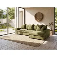 WFL GROUP Ecksofa mit Schlaffunktion & Bettkasten – Grün Chenille, Rechts – 3-Sitzer in L-Form mit Ottomane & Rückenkissen – 285 cm Breit, Liegefläche 243x140 cm, Großes Schlafsofa für Wohnzimmer