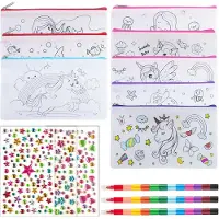 Merkloos Pack von 8 Einhorn Stiftemäppchen, mit bunten Stiften, Glitzer, selbstklebenden Steinen, für Bastelaktivitäten